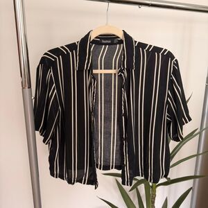 Black and White Striped Button-Up Cropped Shirt.